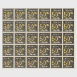Papier Cadeau Elégant, Faux Wood, Faux Gold 50e Anniversaire + N