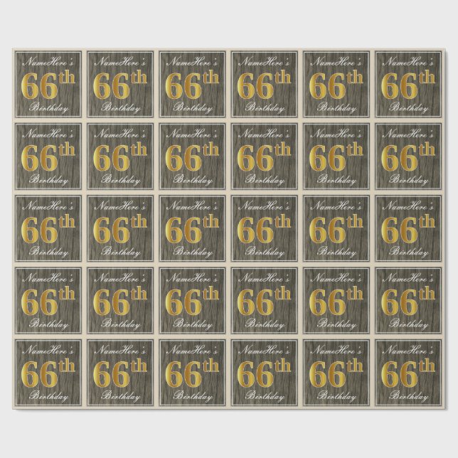 Papier Cadeau Elégant, Faux Wood, Faux Gold 66e anniversaire + N (Plat)