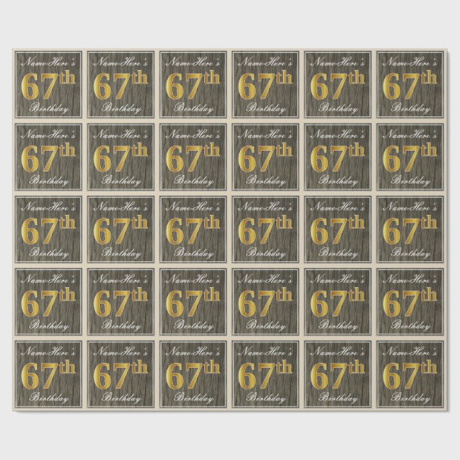 Papier Cadeau Elégant, Faux Wood, Faux Gold 67e anniversaire + N (Plat)