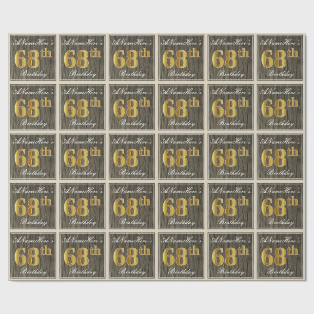 Papier Cadeau Elégant, Faux Wood, Faux Gold 68e anniversaire + N (Plat)
