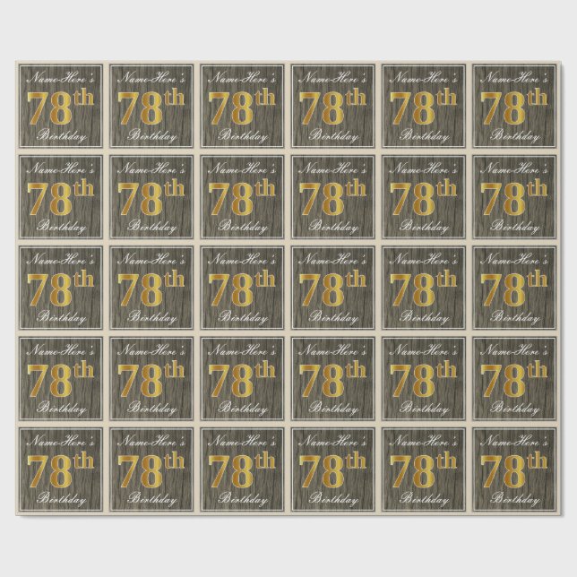 Papier Cadeau Elégant, Faux Wood, Faux Gold 78e anniversaire + N (Plat)