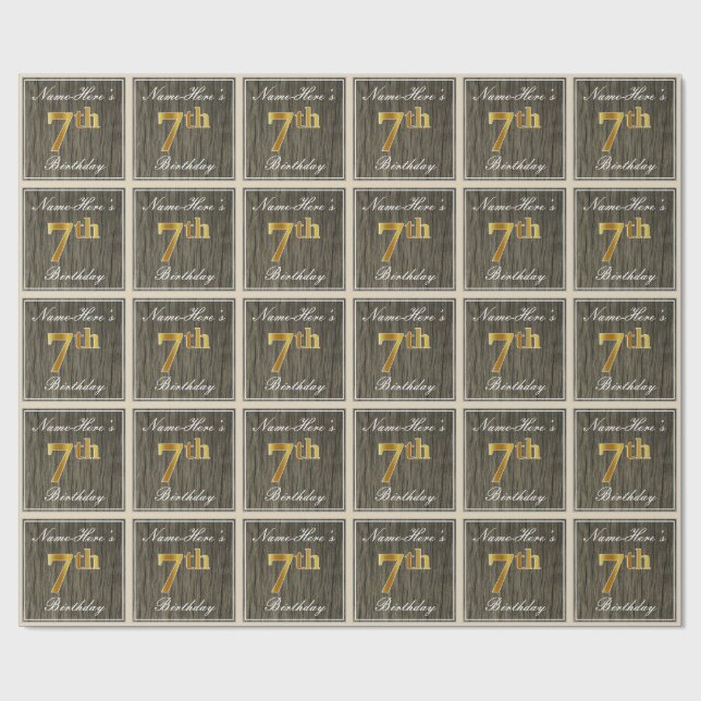 Papier Cadeau Elégant, Faux Wood, Faux Gold 7e anniversaire + No (Plat)