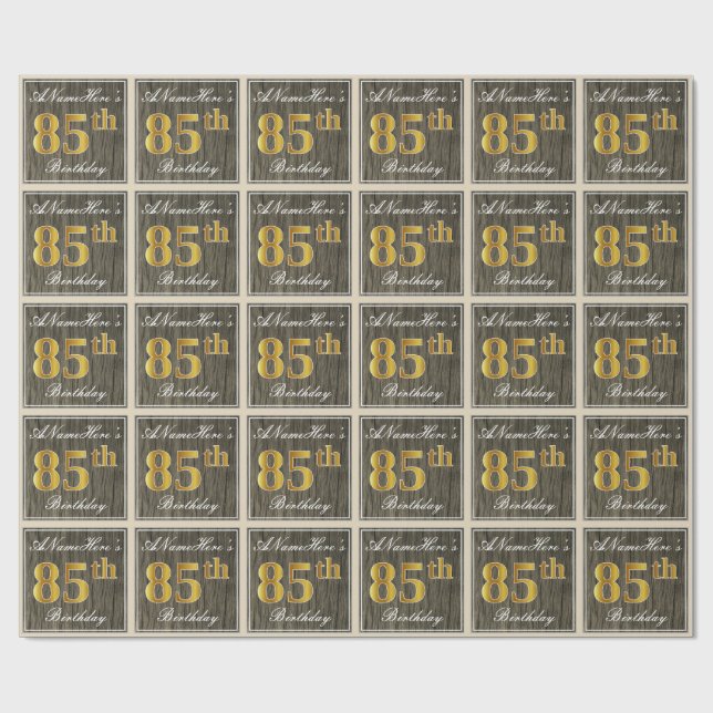 Papier Cadeau Elégant, Faux Wood, Faux Gold 85ème Anniversaire + (Plat)