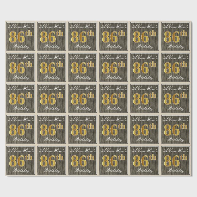 Papier Cadeau Elégant, Faux Wood, Faux Gold 86ème Anniversaire + (Plat)