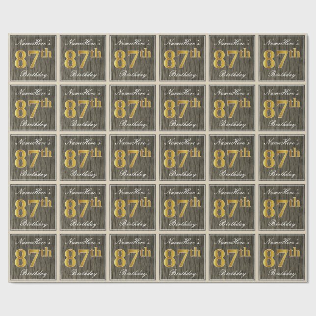 Papier Cadeau Elégant, Faux Wood, Faux Gold 87ème Anniversaire + (Plat)