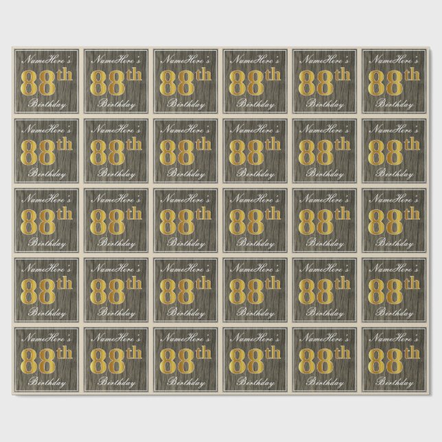 Papier Cadeau Elégant, Faux Wood, Faux Gold 88e anniversaire + N (Plat)
