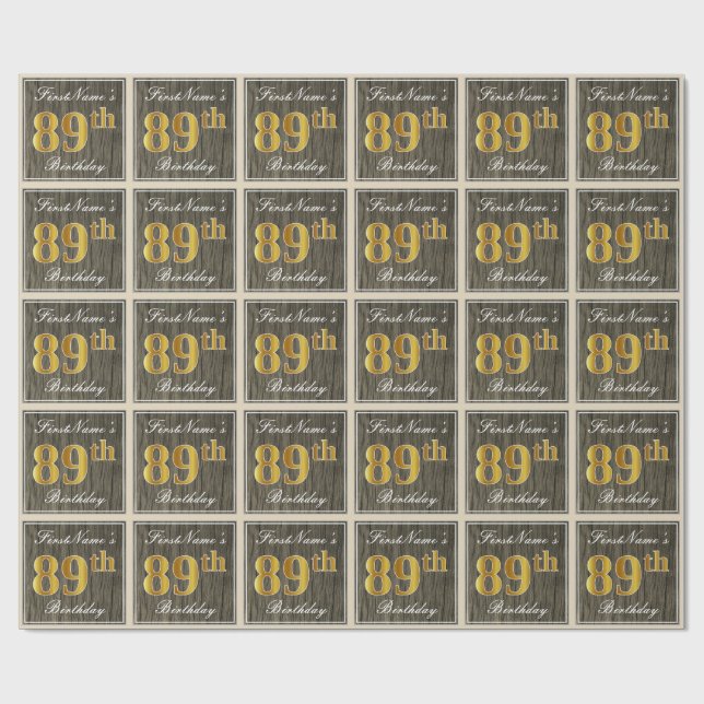 Papier Cadeau Elégant, Faux Wood, Faux Gold 89e Anniversaire + N (Plat)