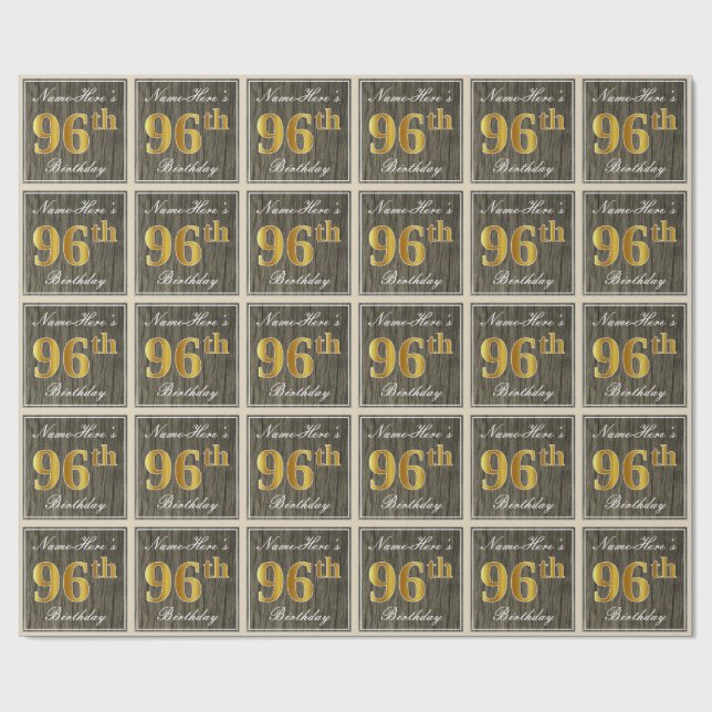 Papier Cadeau Elégant, Faux Wood, Faux Gold 96e Anniversaire + N (Plat)