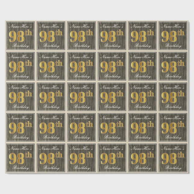 Papier Cadeau Elégant, Faux Wood, Faux Gold 98ème Anniversaire + (Plat)