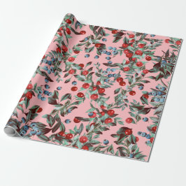 Papier Cadeau Elégant Festif Aquarelle Rouge Bleu Baies Rose