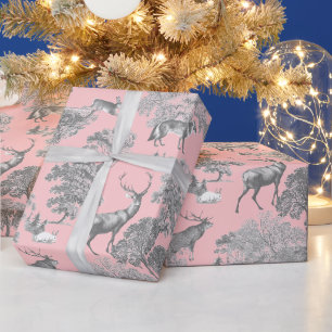 Papier Cadeau Elégant Festif Toile Fox Deer Rabbit Gris rose