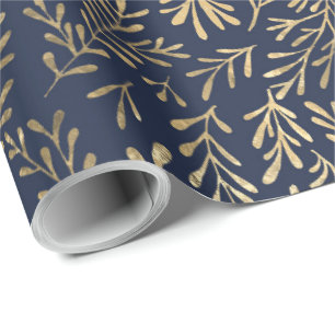 Papier Cadeau Élégant Feuilles de la Marine Blue Gold