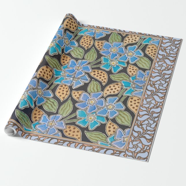 Papier Cadeau Élégant Fleur Bleu Périwinkle Floral Classic (Déroulé)