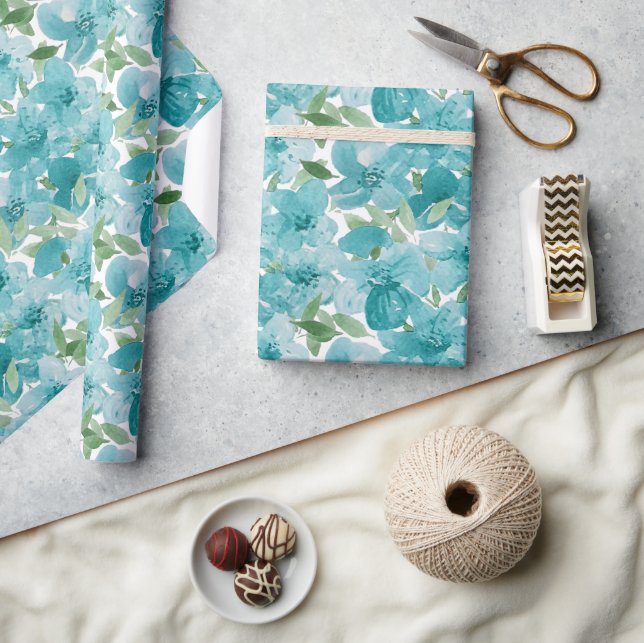 Papier Cadeau Elégant Fleur sauvage d'aquarelle bleu Dusty (Artisanat)