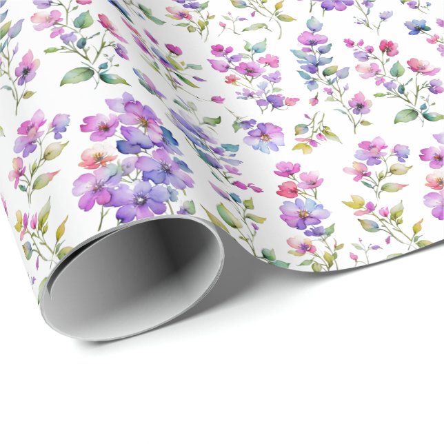 Papier Cadeau Élégant fleurs sauvages d'aquarelle rose violet (Coin rond)