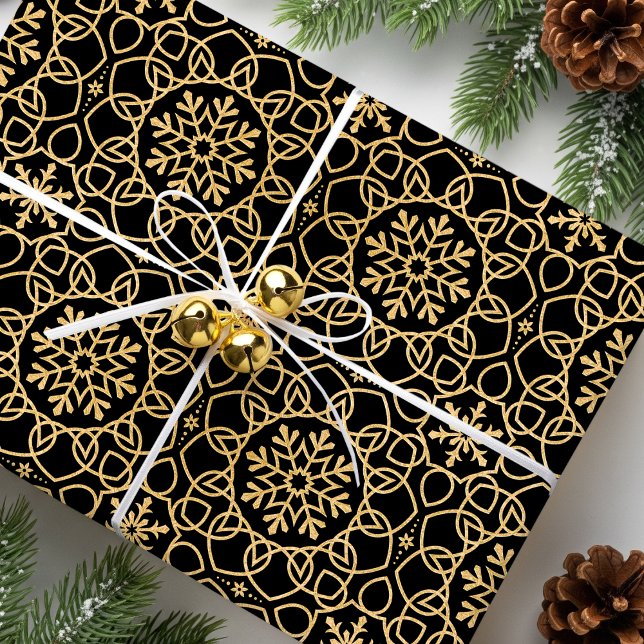 Papier Cadeau Élégant flocon de neige de Noël Faux Gold Black (Créateur téléchargé)