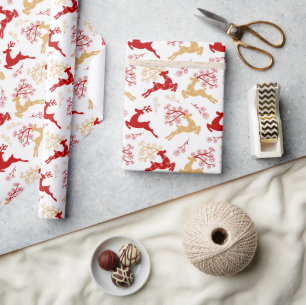 Papier Cadeau Élégant flocon de neige Gold Red Reindeer Noël