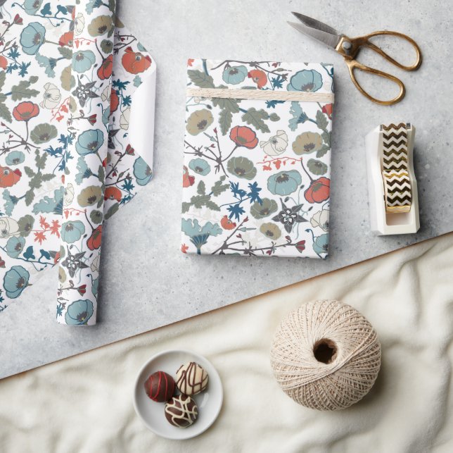 Papier Cadeau Elégant floral bleu oranger Fleurs (Artisanat)