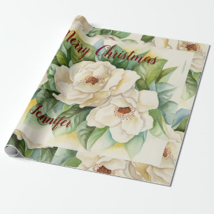 Papier Cadeau Élégant floral Fleurs de Noël Magnolia Nom roug
