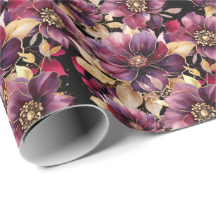 Papier Cadeau Elégant floral or bordeaux pourpre noir