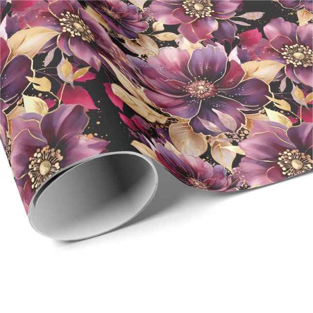 Papier Cadeau Elégant floral or bordeaux pourpre noir (Coin rond)