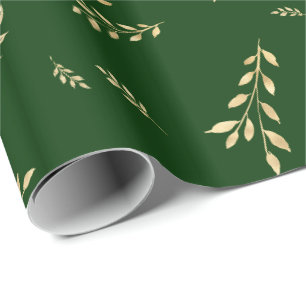 Papier Cadeau Élégant Forêt Vert Feuilles d'huile d'or