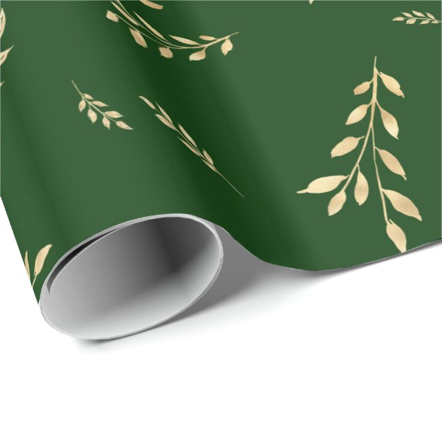 Papier Cadeau Élégant Forêt Vert Feuilles d'huile d'or (Coin rond)