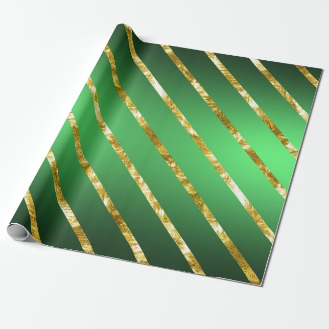 Papier Cadeau Élégant Gold Green Diagonal Stripes Motif (Déroulé)