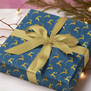 Papier Cadeau Élégant Gold Reindeer Blue Noël