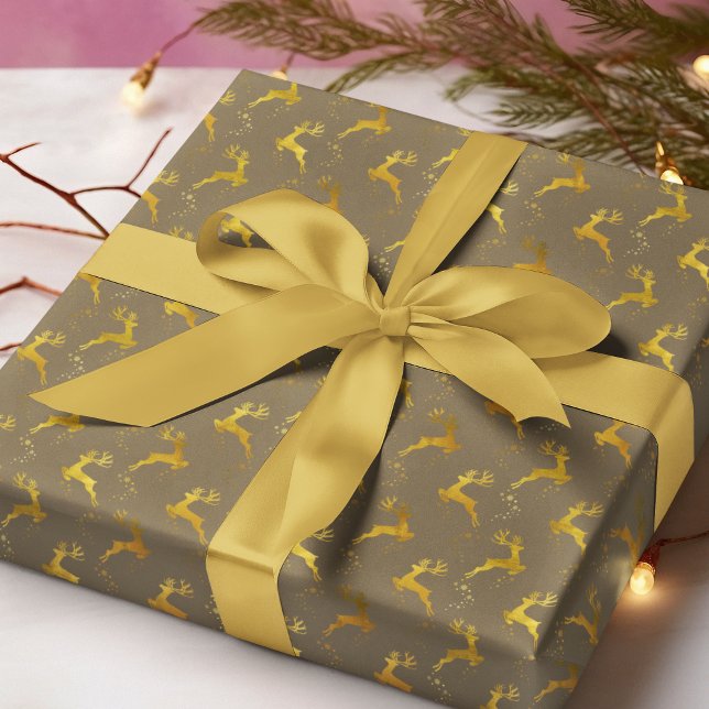 Papier Cadeau Élégant Gold Reindeer Brown Noël (Créateur téléchargé)