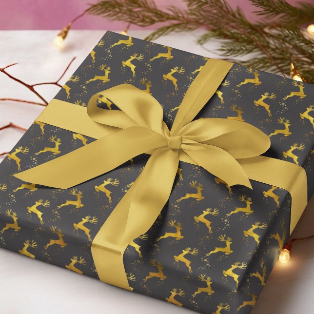 Papier Cadeau Élégant Gold Reindeer Noir Noël (Créateur téléchargé)