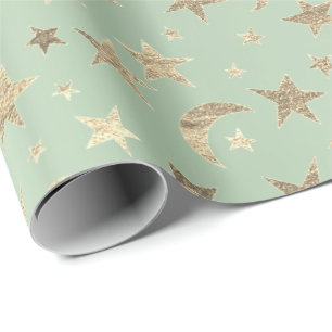 Papier Cadeau Elégant Golden Stars Moon Mint Green Champaigne