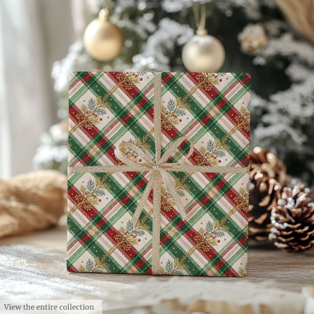 Papier Cadeau Elegant green and red watercolor checkered gift (Elegant green and red watercolor checkered gift Wrapping Paper )