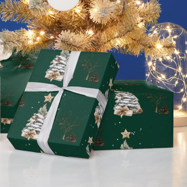 Papier Cadeau Elegant Green New Year Frosted Tree (Vacances)