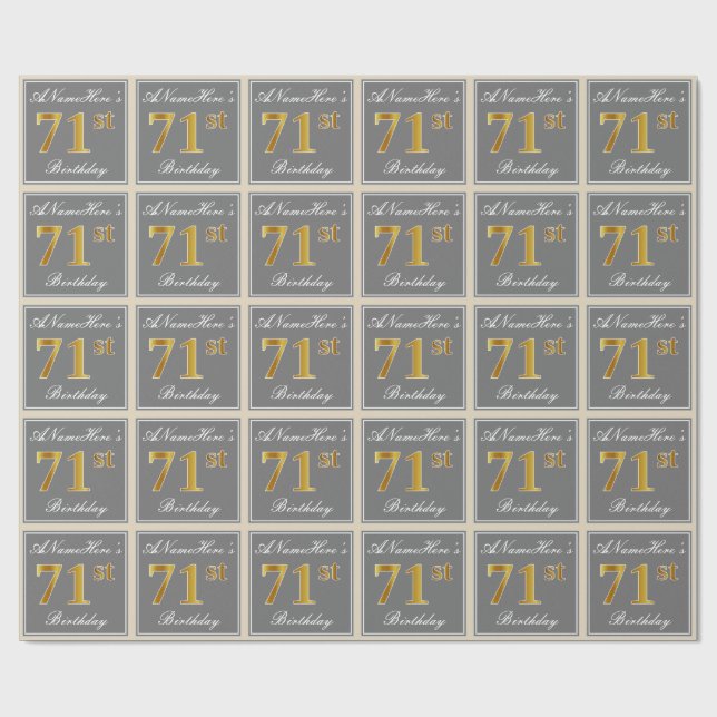 Papier Cadeau Elégant, Grey, Faux Gold 71ème Anniversaire + Nom (Plat)