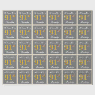 Papier Cadeau Elégant, Grey, Faux Gold 91ème Anniversaire + Nom