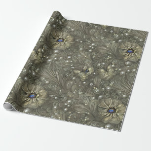 Papier Cadeau Élégant gris argenté, bleu et ivoire floral & perl