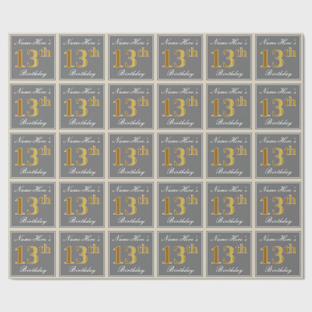 Papier Cadeau Elégant, gris, Faux Gold 13ème anniversaire + Nom (Plat)