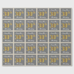 Papier Cadeau Elégant, gris, Faux Gold 30e anniversaire + Nom