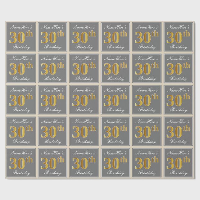 Papier Cadeau Elégant, gris, Faux Gold 30e anniversaire + Nom (Plat)