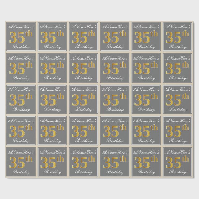 Papier Cadeau Elégant, gris, Faux Gold 35e anniversaire + Nom (Plat)