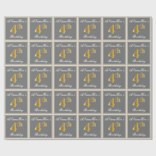 Papier Cadeau Elégant, gris, Faux Gold 4e anniversaire; Nom pers