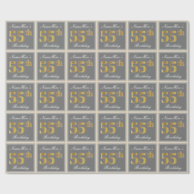 Papier Cadeau Elégant, gris, Faux Gold 55e anniversaire + Nom (Plat)