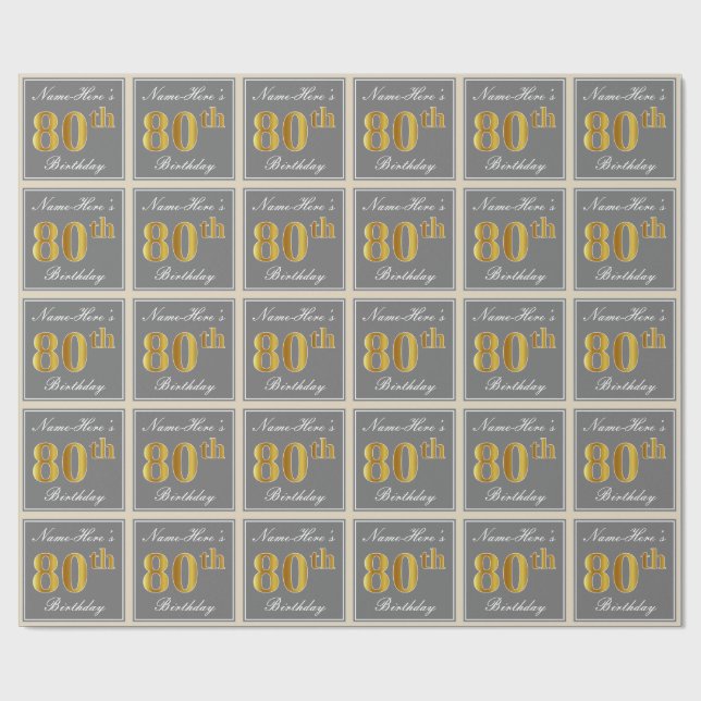 Papier Cadeau Elégant, gris, Faux Gold 80e anniversaire + Nom (Plat)