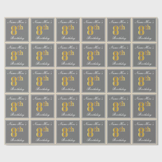 Papier Cadeau Elégant, gris, Faux Gold 8e anniversaire; Nom pers (Plat)