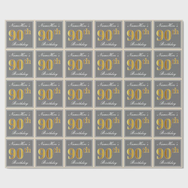 Papier Cadeau Elégant, gris, Faux Gold 90e anniversaire + Nom (Plat)