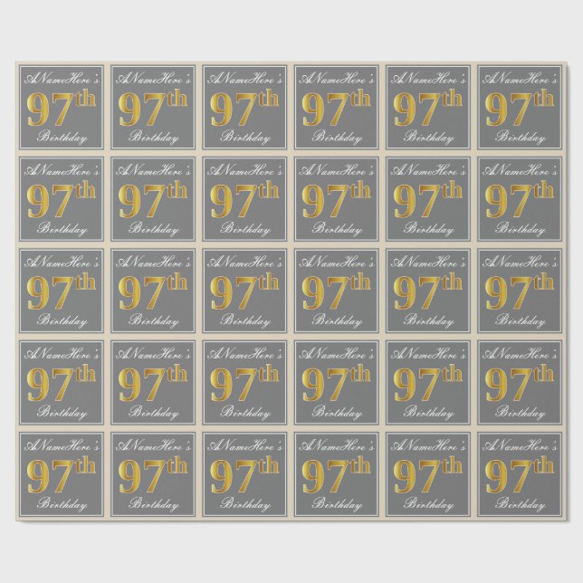 Papier Cadeau Elégant, gris, Faux Gold 97ème anniversaire + Nom (Plat)