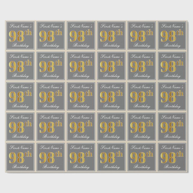 Papier Cadeau Elégant, gris, Faux Gold 98ème anniversaire + Nom (Plat)
