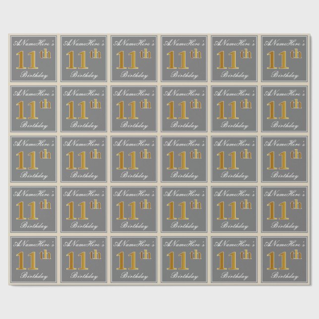 Papier Cadeau Elégant, gris, Faux Or 11ème anniversaire + Nom (Plat)