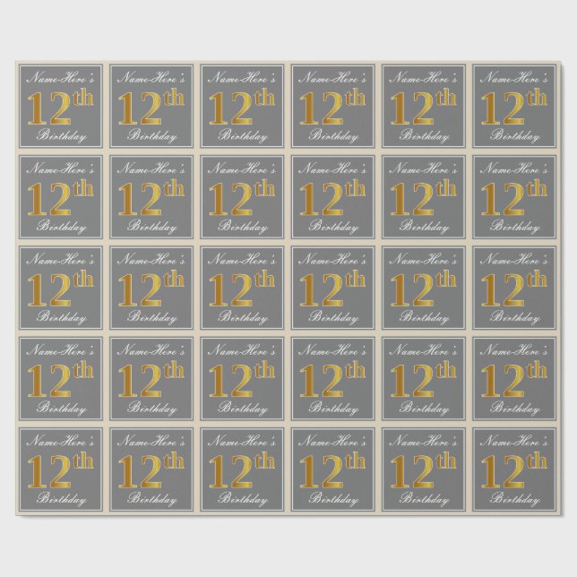 Papier Cadeau Elégant, gris, Faux Or 12ème anniversaire + Nom (Plat)